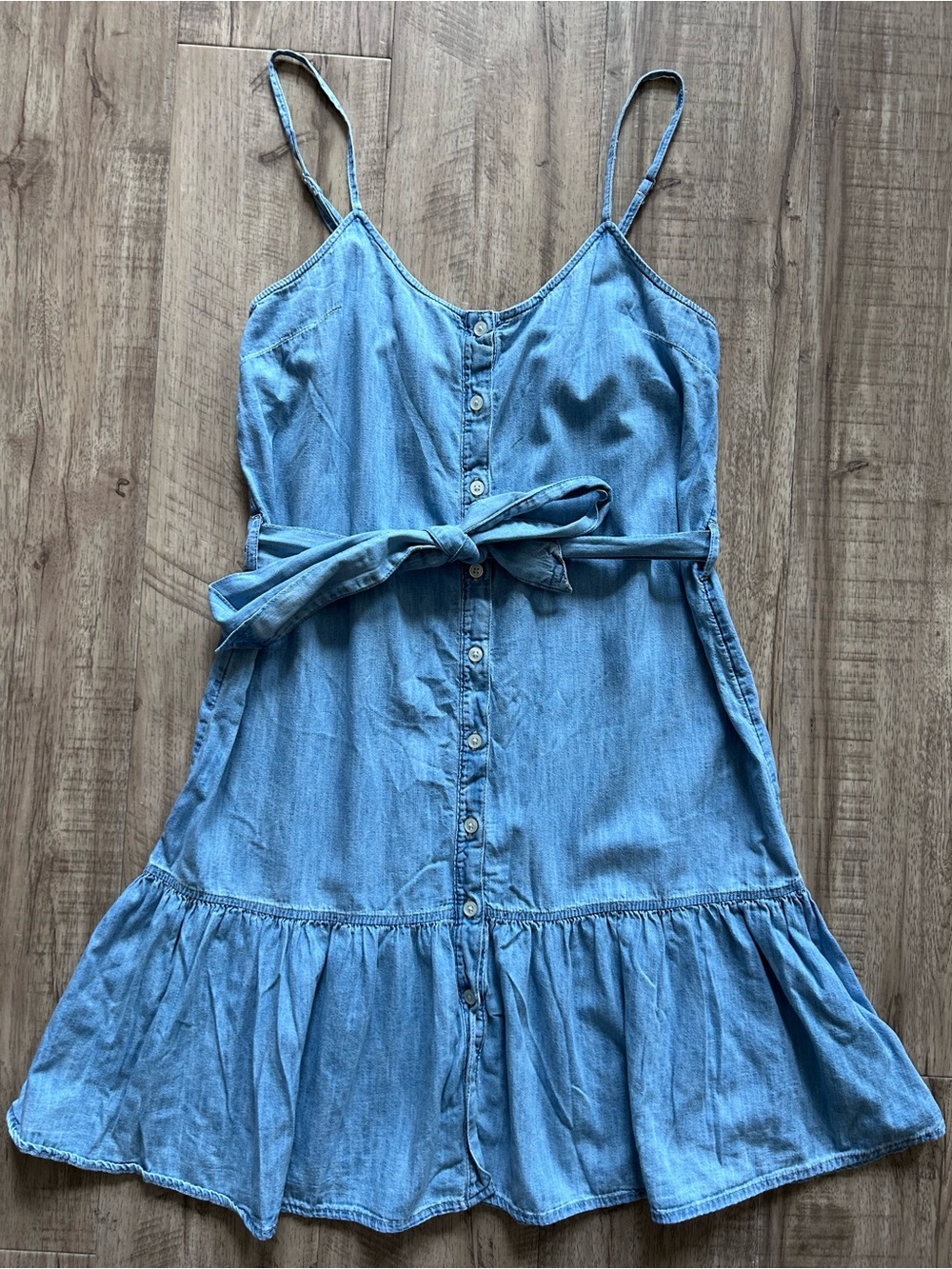 Chambray Light Blue Denim Button Front Sundress Tie Waist country summer boho